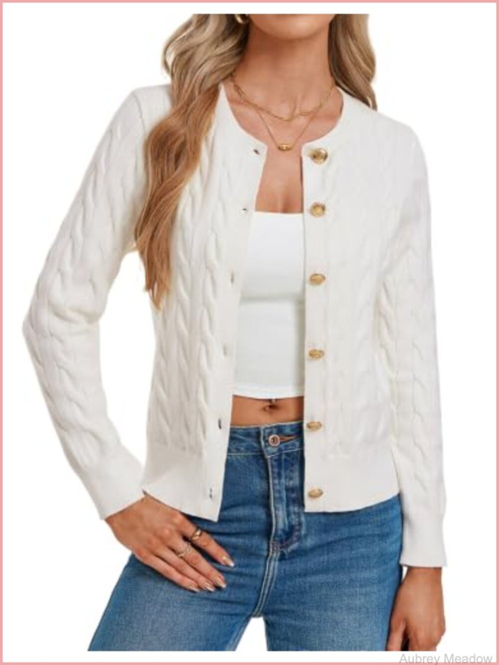 Button Up Cable Knit Cardigan Sweater Crew Neck Long Sleeve